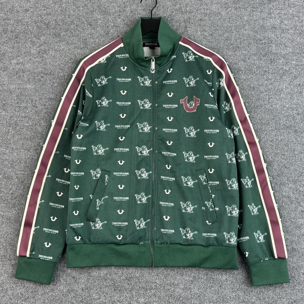 True Religion Track Jacket Mens S Green Monogram Buddha Logo Full Zip Stripe Y2K